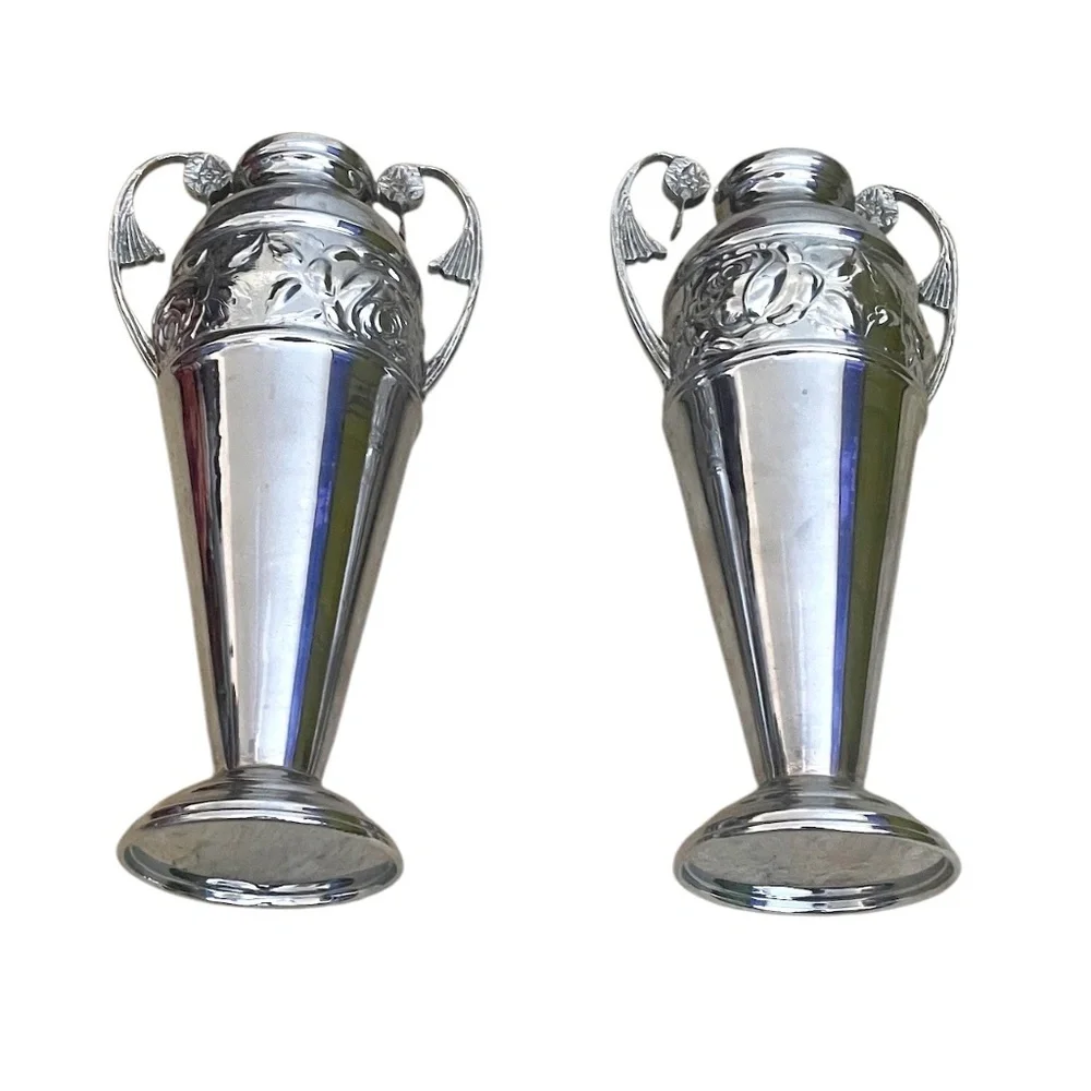 Pair Of  Silver Plated Urn Vase Embossed Relief Ornate Pattern Band And‎ Handles
